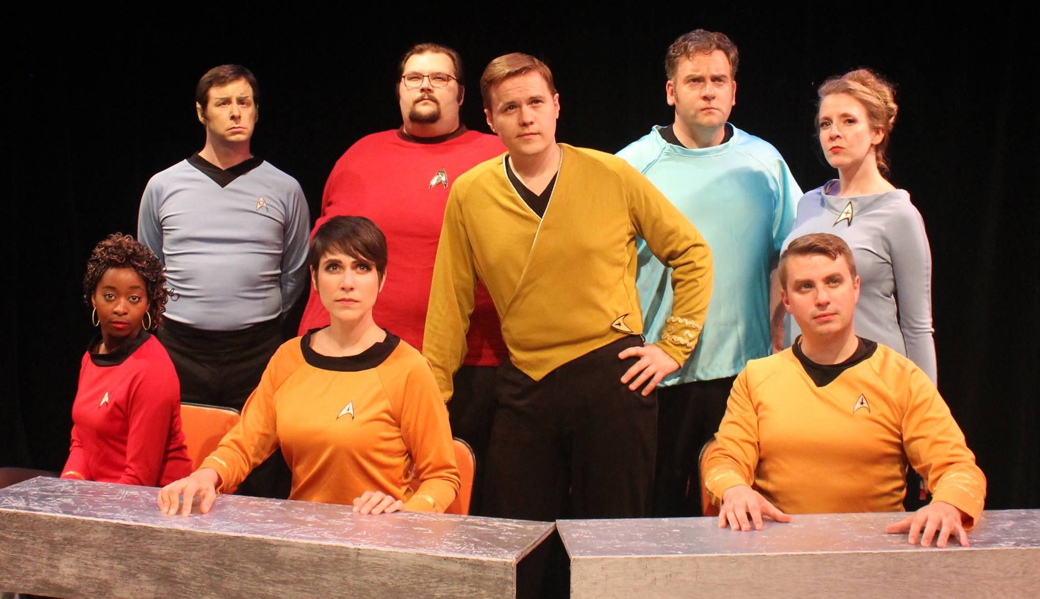 A cast photo for the Star Trek parody Where No Man Gas Gone Before. It features Cheryl as Nurse Chapel and actors portraying Spock, Kirk, Uhura, Bones, and other original crew members.