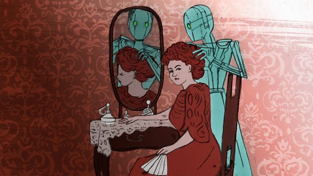 An illustration of a robot doing the hair of a Victorian woman looking into a mirror.