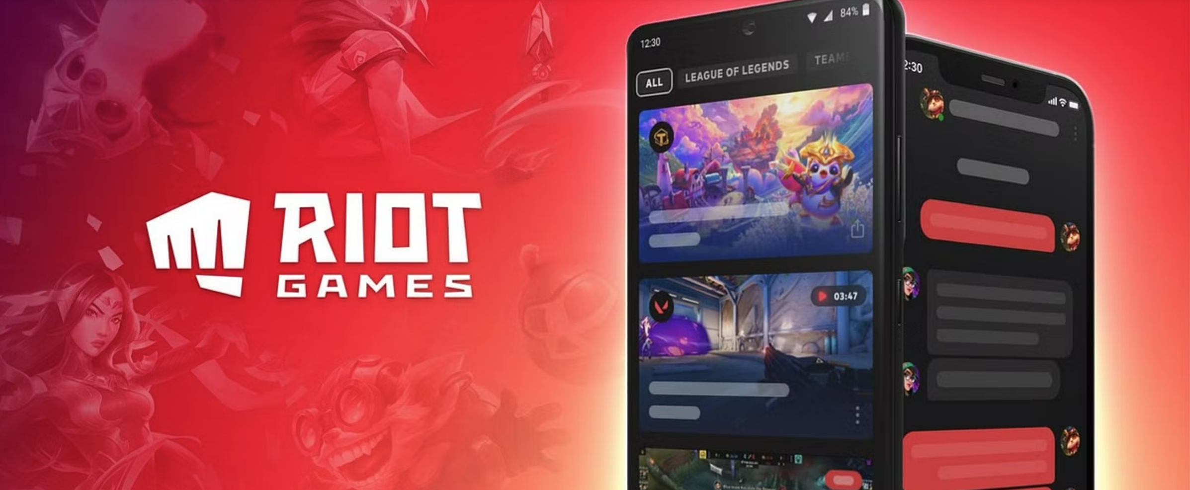 The Riot Games logo next to mocks for the new Riot Mobile app.