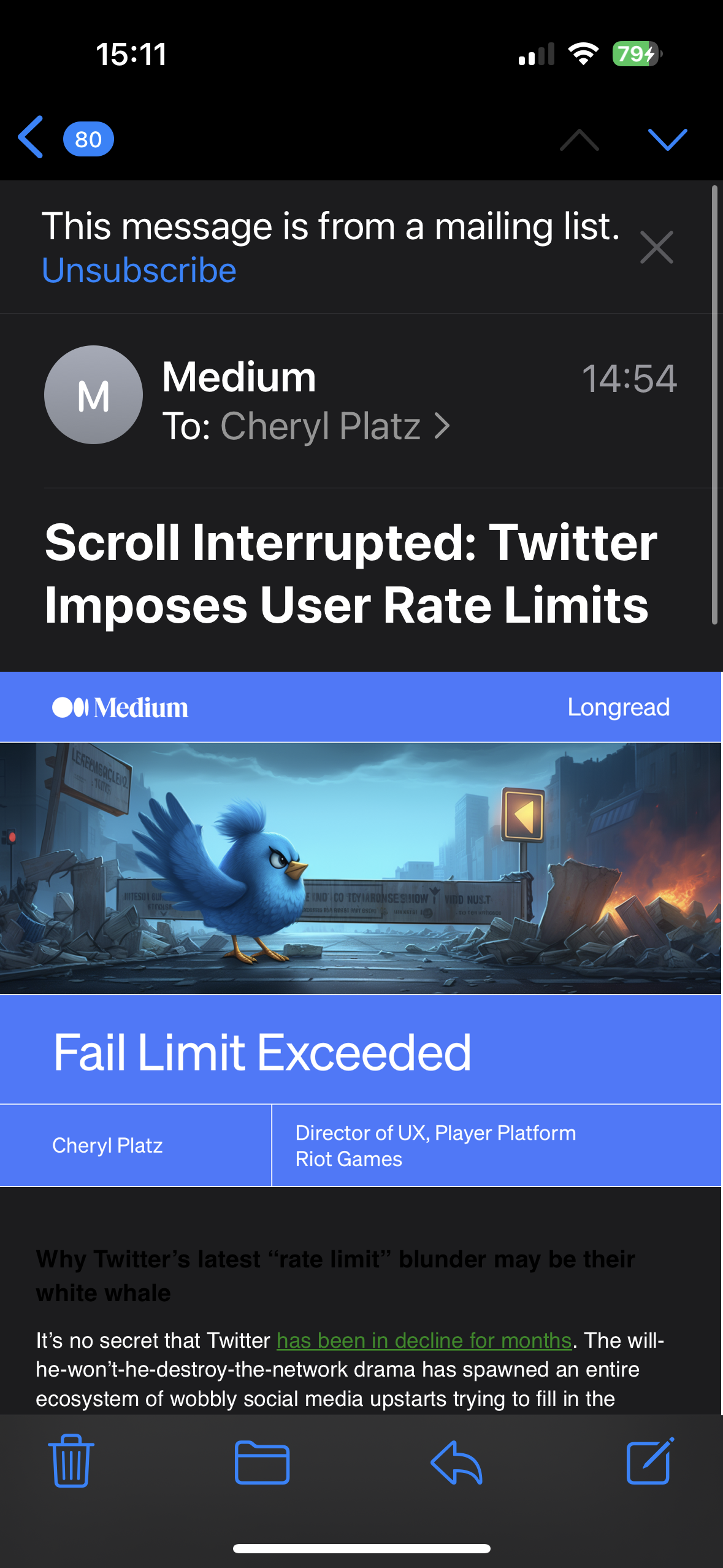 A screenshot of Cheryl's Medium post as distributed to the Medium Longreads newsletter, with the title "Scroll Interrupted: Twitter Imposes User Rate Limits" and a custom piece of artwork.